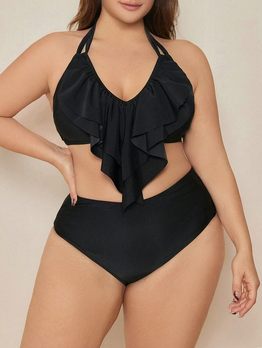 SHEIN Swim Curve مجموعة بكيني نسائية بسحابات كبيرة الحجم - الأسود - مشاهدة 1