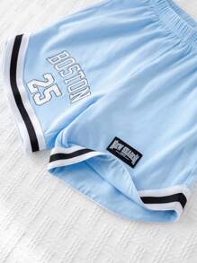 SHEIN Leap Crew 2pcs/Set Young Boys Casual Streetwear Sports Printed Round Neck Sleeveless Shorts Set, Suitable For Sports, Schooling, Daily Gatherings, Spring/Summer - Blue - View 6