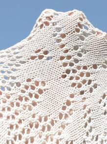 SHEIN Clasi Women's Spring/Summer Round Neck Off Shoulder Hollow See-Through Knitted Top With Ruffle Hem Flare Sleeves, Cover Up With Shell Buttons - Apricot - View 6