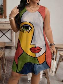 EMERY ROSE 大码女式休闲肖像印花圆领无袖连衣裙，适合夏季