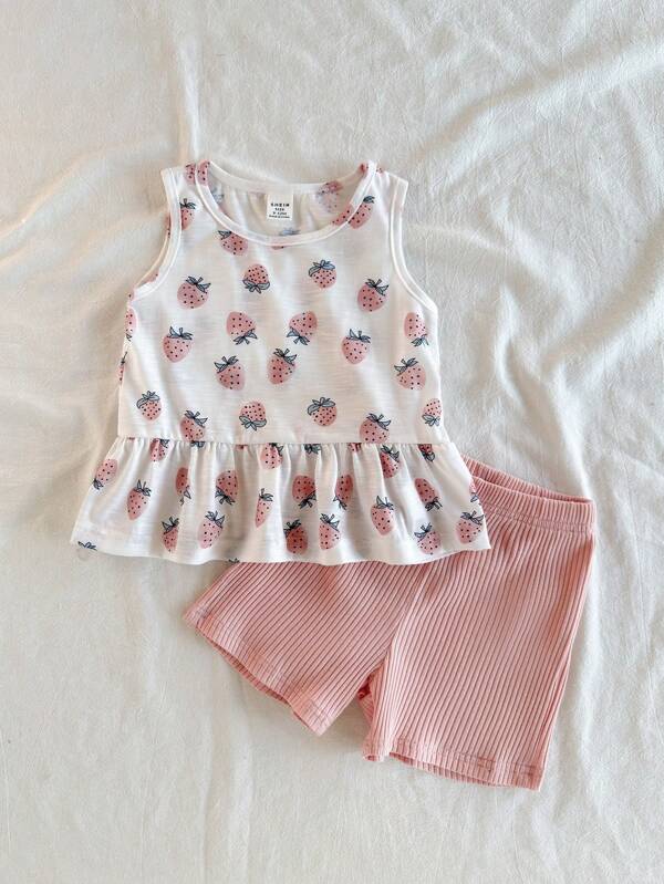 Vintaside Kids Baby Girls This Cute Two-Piece Outfit Features A Lovely Strawberry Print On The Vest And A Perfect Blend Of Pink And White For A Fresh