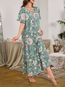 Bubble Ruffled Floral Print Long Nightgown Babydoll Luxeloungewear, Moo Moo - Multicolor - View 3