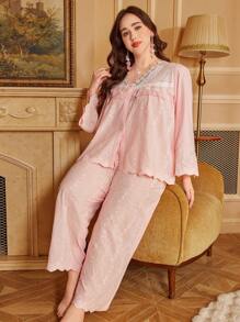 PalaceNights 3D Floral Patchwork Palace Style Embroidery Long Sleeve Pajama Set, Plus Size