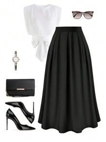 SHEIN PETITE 女士优雅纯色荷叶边下摆半身裙