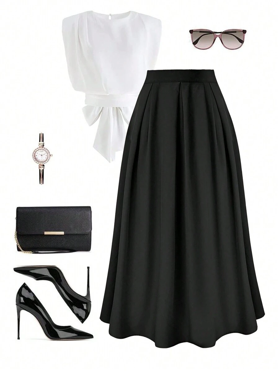 SHEIN PETITE 女士优雅纯色荷叶边下摆半身裙