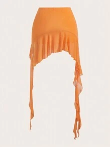 Sweetina Spring Ruched Ruffle Trim Ruffle Hem Mesh Black Skirt - Orange - View 2