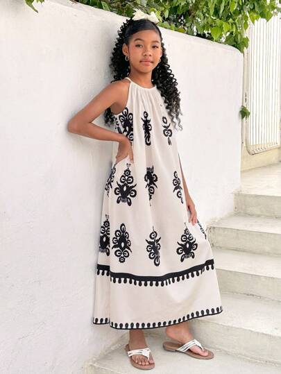 SHEIN SLAYR KIDS SLAYR KIDS Tween Girls' Casual Ditsy Floral Halter Neck Summer Vacation Dress Holiday Outfits