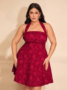 SHEIN BAE Plus Size Women's Red Dress, Spring Solid Color Elegant Sweet Romantic Textured Jacquard Sleeveless Halter Bow Decor Bodycon Peplum Dress, Princess Dress, Valentine's Dress, Party Dress, Romantic Date Dress, Bridesmaid Dress, Ball Gown, Daily Commute Dress, Cherry Red Dress, Birthday Party Dress, Brazilian Carnival, Vacation, Back To School Outfit, Spring/Summer, Concert, Date, Bow