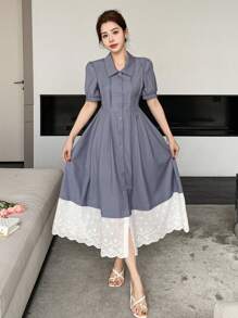 DAZY Vestido camisero de mujer midi con mangas abullonadas y bloques de color para usar al aire libre