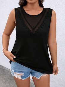 EMERY ROSE 大码女式优雅设计网眼拼接背心 - 黑色 - 查看 5