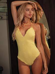 Swim Mod 黄色纹理吊带荷叶边连体泳衣，性感可爱女士沙滩装 - 黃色 - 查看 5