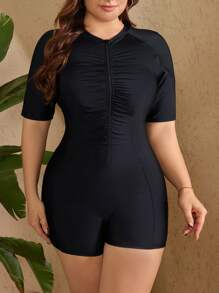 Swim SPRTY Summer Plus Size Surfer Rashguard Top & Drawstring Waist Board Shorts Set - Black - View 1