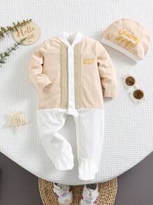 SHEIN 2pcs Newborn Baby Boy Spring/Summer Adorable Fancy Knit Color Block Long Sleeve Jumpsuit With Hat, Suitable For Birthday Party, Evening Party, Performance, Wedding, Month Celebration, Christening And First Birthday - Multicolor - View 1
