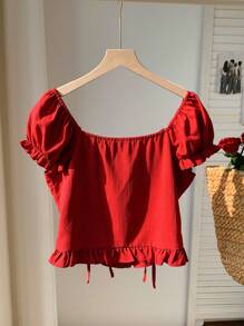 Comfortcana Women's Solid Color Ruffled Short Puff Sleeve Single-Breasted Drawstring Blouse, Valentine's Day Gifts