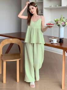 DAZY Women's Striped Camisole And Straight Pajama Pants Sleepwear Set - Green - View 7