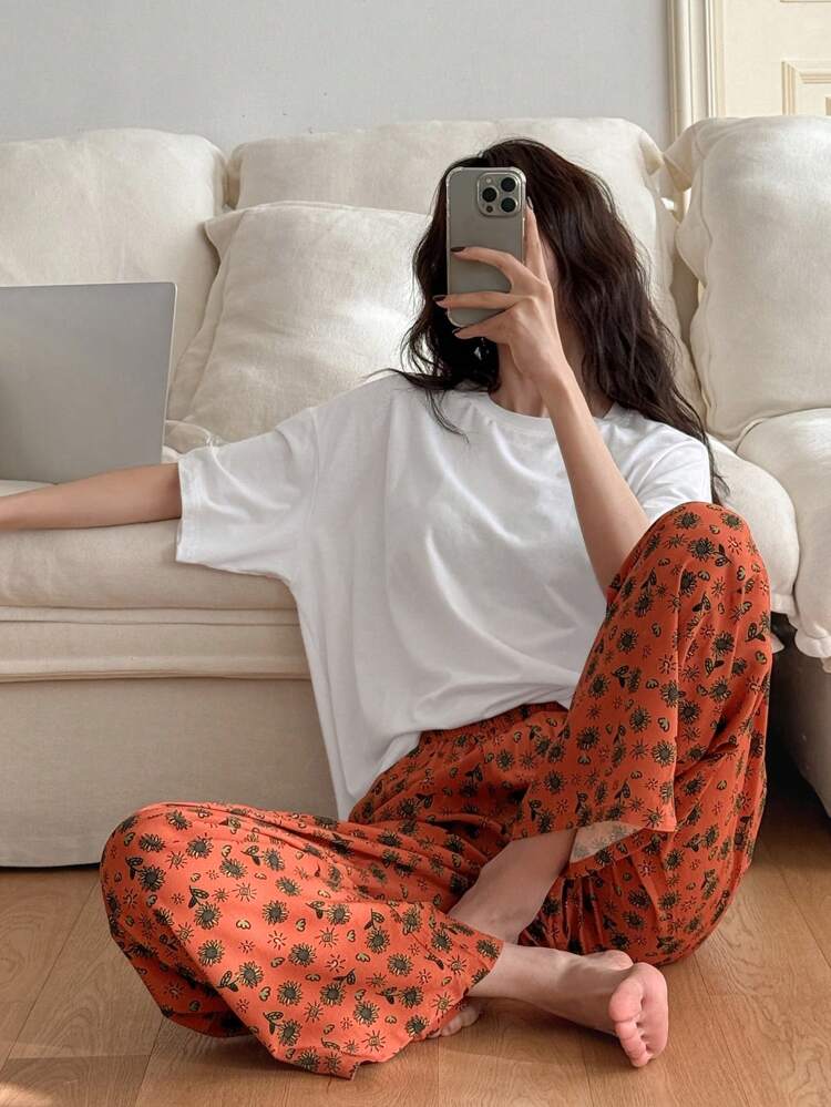 2pcs Women Plant Print Loose Short Sleeve Pajama Set