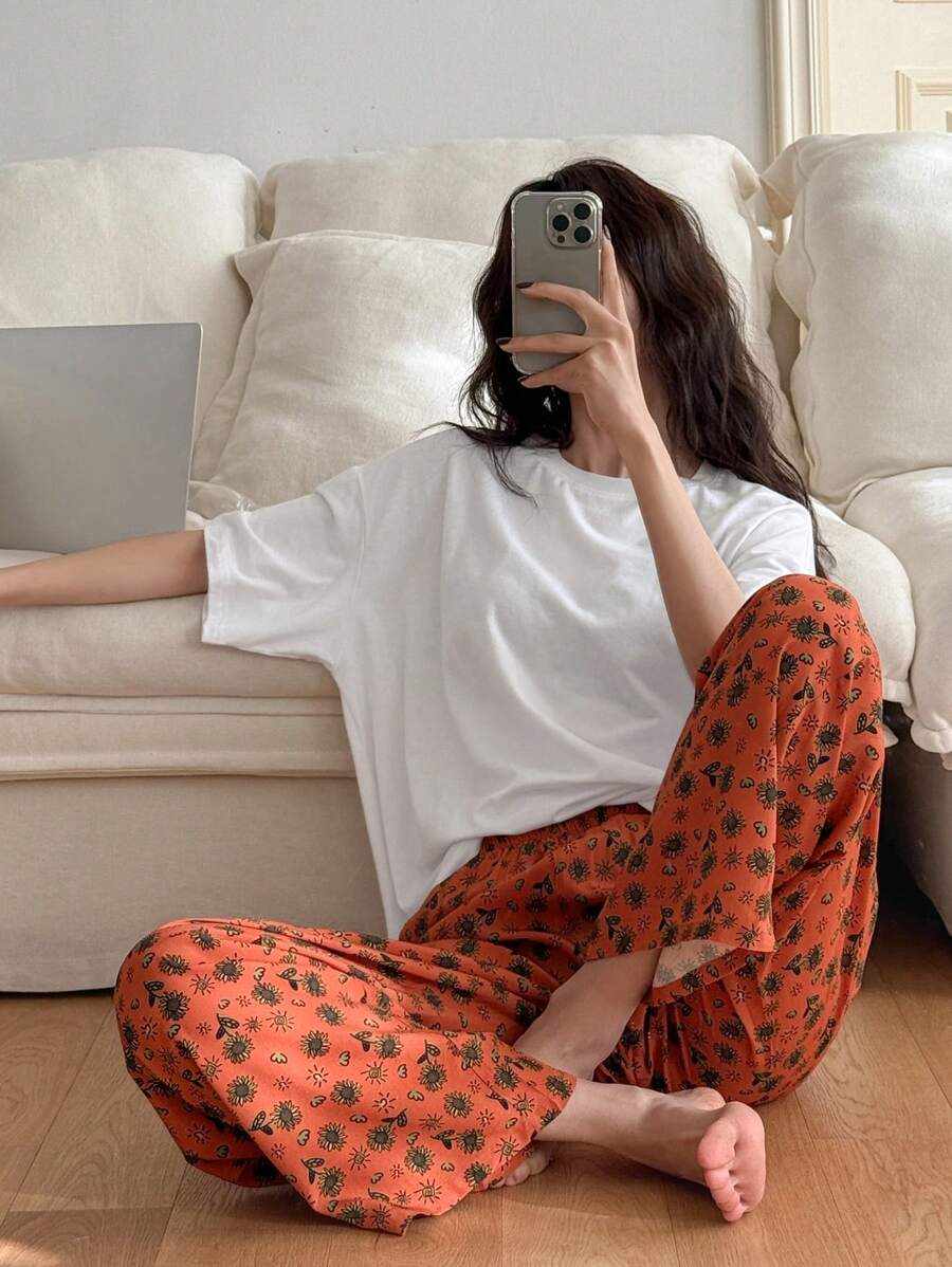 DAZY 2pcs Women Plant Print Loose Short Sleeve Pajama Set - White - View 1