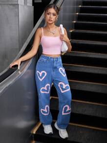 2pcs/Set Teen Girl Heart Print Straight Leg Pants With Camisole Top - Pink - View 3