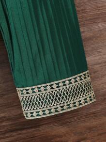 2pcs Young Girl Solid Splice Round Neck Long Sleeve Simple Top And Pants Set - Dark Green - View 5