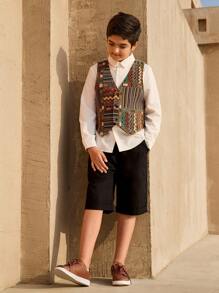 SHEIN 2pcs Set Tween Boys Sleeveless Vest, Button-Front Long Sleeve Top And Shorts - Multicolor - View 4