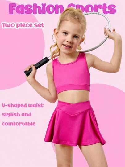 年轻女孩时尚运动套装，包括针织无袖背心和短裤以及安全内裤，纯粉色，瑜伽和伸展舒适，亲肤