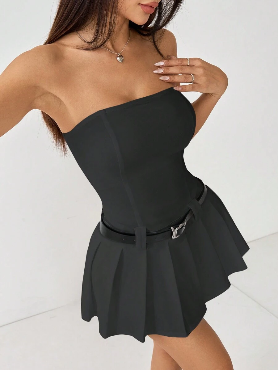 SHEIN PETITE Solid Tube Pleated Hem Belted Tube Short Summer Dress - Dark Grey - View 1