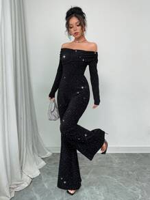 Elenzga 黑色露肩优雅简约修身连体裤，适合约会、聚会、春季 - 黑色 - 查看 3