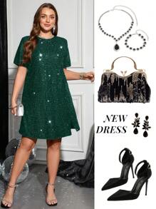 SHEIN Clasi Plus Size Women Solid Color Sequin Backless Tie Straight Dress - Dark Green - View 2