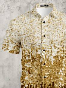 Manfinity Homme Camisa casual de manga corta con estampado de degradados metálicos para hombres, talla estándar - Dorado - Ver 6