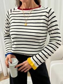 EURMUSE Women Striped Crew Neck Raglan Sleeve Casual Sweater, Autumn/Winter - Multicolor - View 1