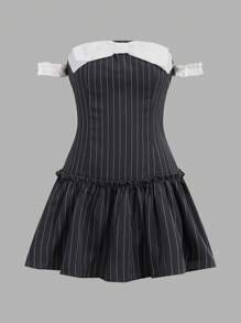 SHEIN Vestido midi ajustado de estilo casual Y2K para adolescentes, con parches y contraste de colores en el top de bandeau y la cintura - Gris - Ver 2