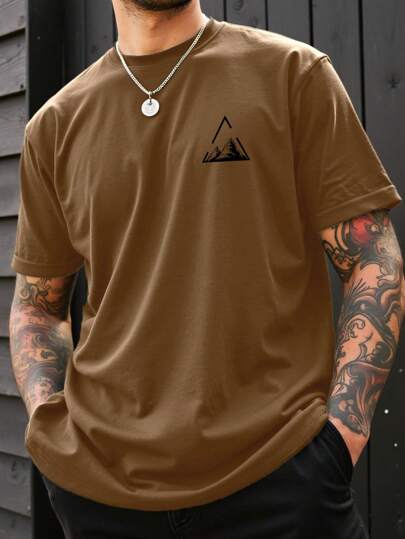 Manfinity Homme Plus Size Men's Casual Geometric Mountain Print Short Sleeve T-Shirt