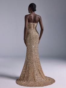 Elitara Váy bodycon đuôi cá đính hạt đàn hồi không dây màu vàng sâm panh sang trọng & thanh lịch, váy dự tiệc cưới, phù hợp cho tiệc cưới, tiệc độc thân, kỳ nghỉ, vũ hội, tiệc trang trọng, váy dạ hội, váy dài - Rượu sâm banh - Xem 7