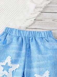 SHEIN New Spring/Summer Young Girl 4-7 Years Old Girls Daily Casual Pentagram Denim Effect-Look Effect Elastic Waist Long Pants