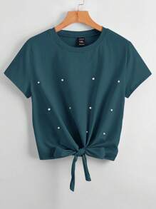 SHEIN LUNE Áo thun nơ hạt ngọc trai giả cỡ lớn, thời trang tối giản, mặc thường ngày - Màu xanh ngọc - Xem 1