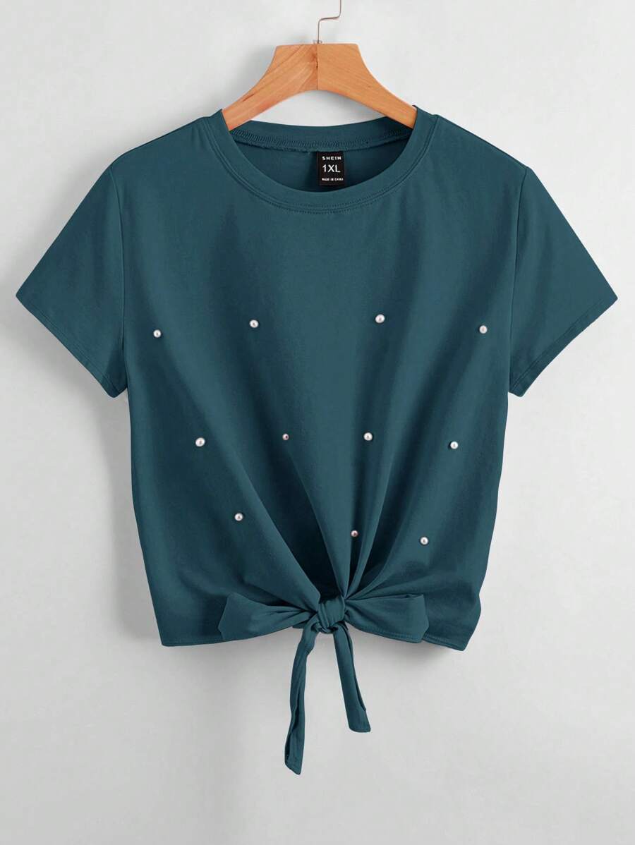 SHEIN LUNE Áo thun nơ hạt ngọc trai giả cỡ lớn, thời trang tối giản, mặc thường ngày - Màu xanh ngọc - Xem 1