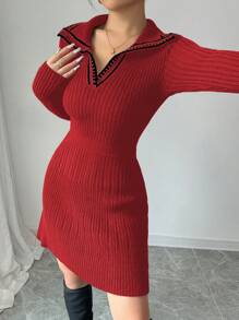 Elenzga Ribbed Collar A-Line Women Sweater Dress Fall Cloth For Women - Multicolor - View 3