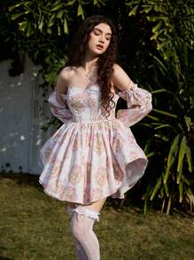 SHEIN MOD Off Shoulder Ruffle Sleeve Party Mini Dress With Asymmetrical Hem And Floral Print For Women, Pink Print, Lotus Sleeves, Princess Party Dress - Multicolor - View 4