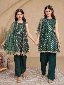 3 件套 Tween 女童绿金箔长衬衫搭配阔腿裤和闪亮围巾 3 件套，适合日常、通勤、家庭聚会和休闲度假