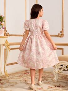 Tween Girls Elegant Jacquard Dress With Bow Decor, Suitable For Party And Events - Pink - View 2