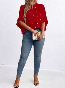 Plus Size Women's Tie Collar Faux Pearl Decor Ruffle Sleeve Blouse - Red - View 3