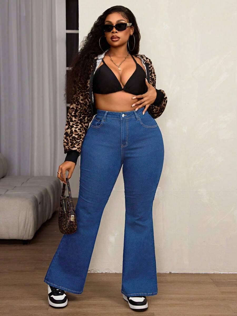SHEIN SXY Plus Size Women Elastic High Waist Ruched Leg Fashionable Slimming Flare Jeans, Suitable For Autumn/Winter - Medium Wash - View 1