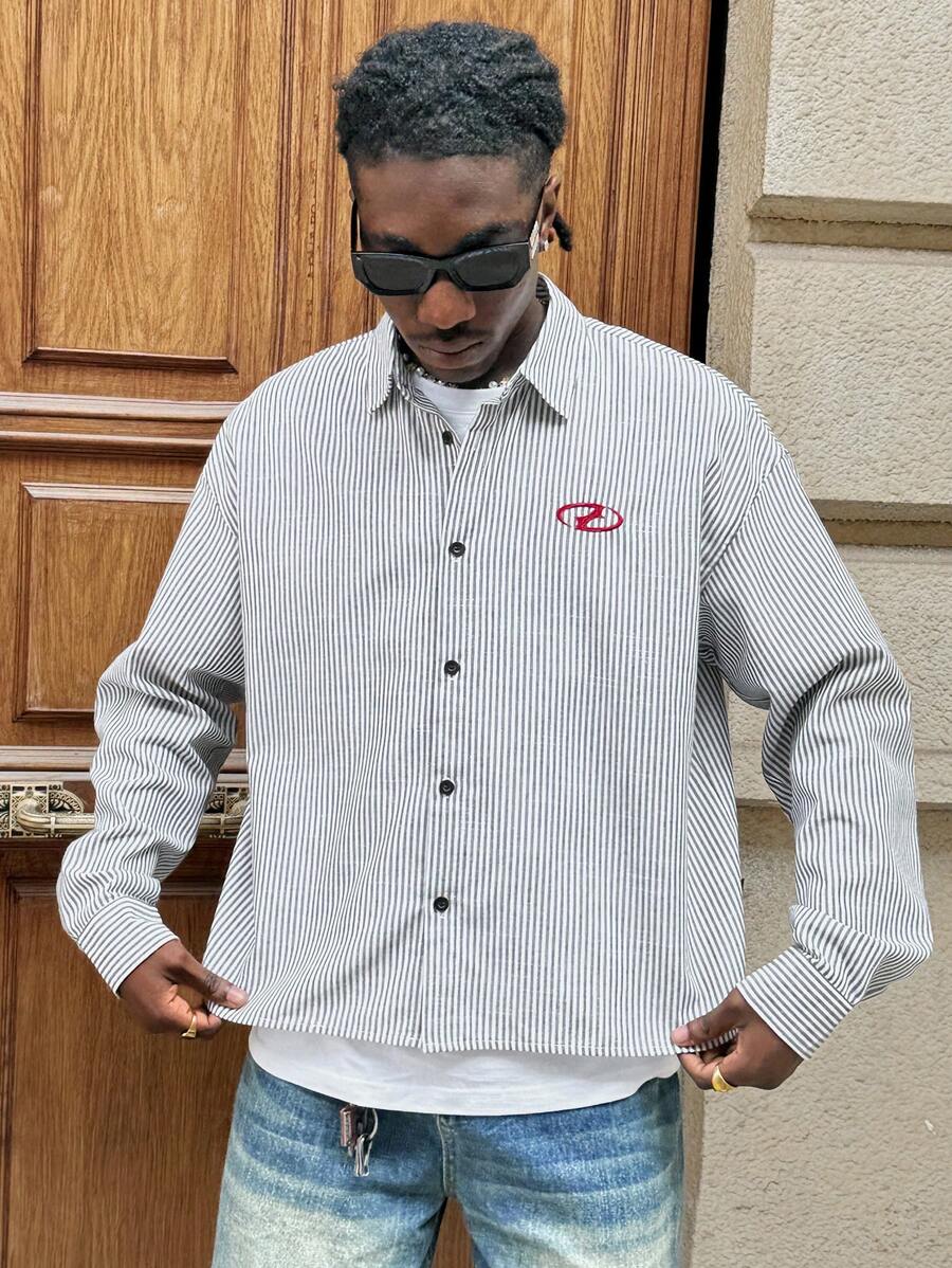 AXEPEAK 男士休闲学院风条纹宽松长袖衬衫，校园风，街头风，秋季 - 彩色 - 查看 1