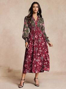 Chiquease 女士修身拼接印花连衣裙，优雅修身长款女士服装