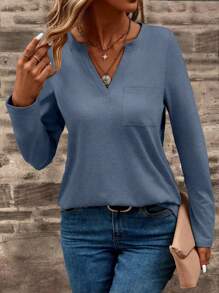EMERY ROSE Women's Solid Color V-Neck Pocket Long Sleeve Casual T-Shirt Fall Cloth For Women - Blue - View 7