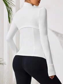 Women's Solid Color Long Sleeve Zip Front Casual Sports Jacket - White - View 3