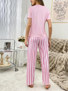 Heart Pattern Cute Women Pajama Set - Pink - View 2
