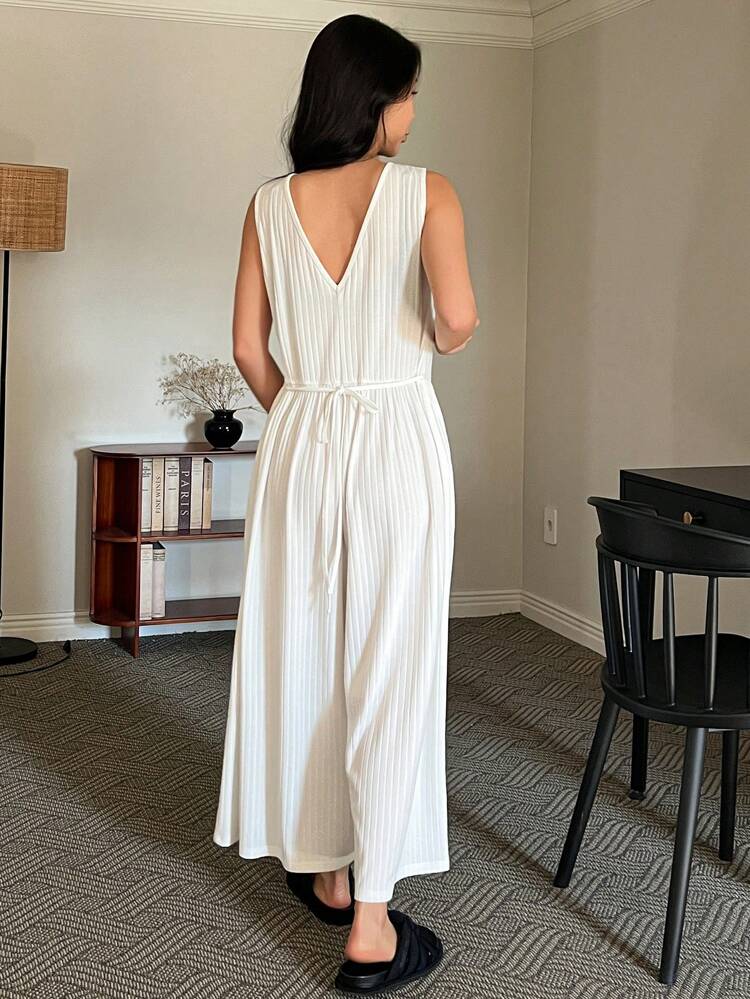 Simple Sleeveless Loose Wide Leg Jumpsuit Pajamas