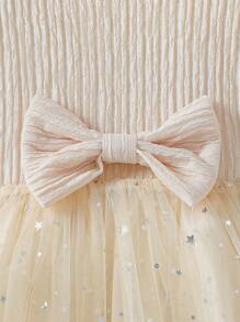 SHEIN Roze ster pailletten mesh tutu jurk voor jonge meisjes met kraag, lange mouwen, strik, prinsessenfeestjurk voor lente en herfst