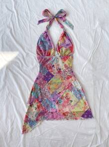 Soleia Sweet Romantic Ditsy Floral Color Block Patchwork Halter V-Neck Drawstring Mesh Ruched Vacation Mini Dress For Ladies, Suitable For Holiday, Music Festival, Bohemian, Date, Afternoon Tea, Spring/Summer - Multicolor - View 2